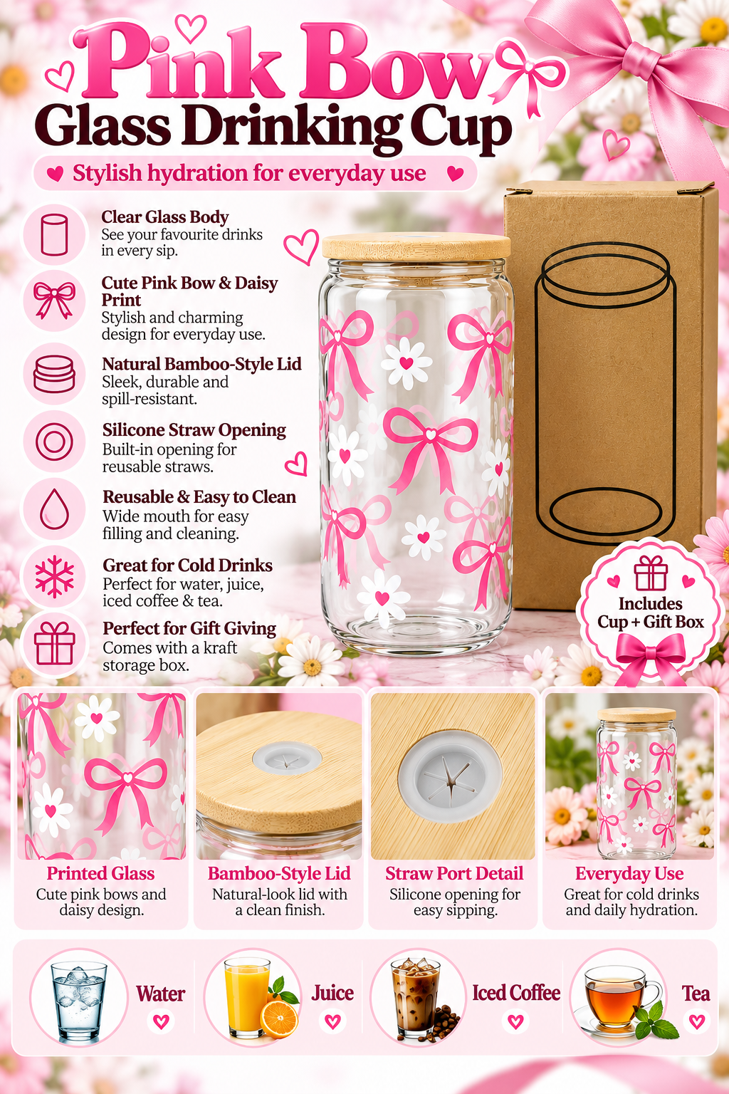Pink bow glass cup features and straw opening
