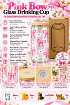 Pink bow glass cup features and straw opening