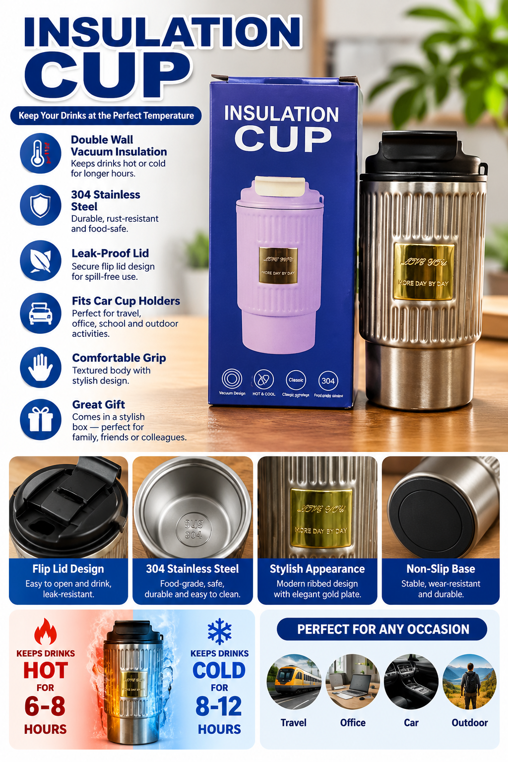 Silver stainless steel insulated cup and packaging