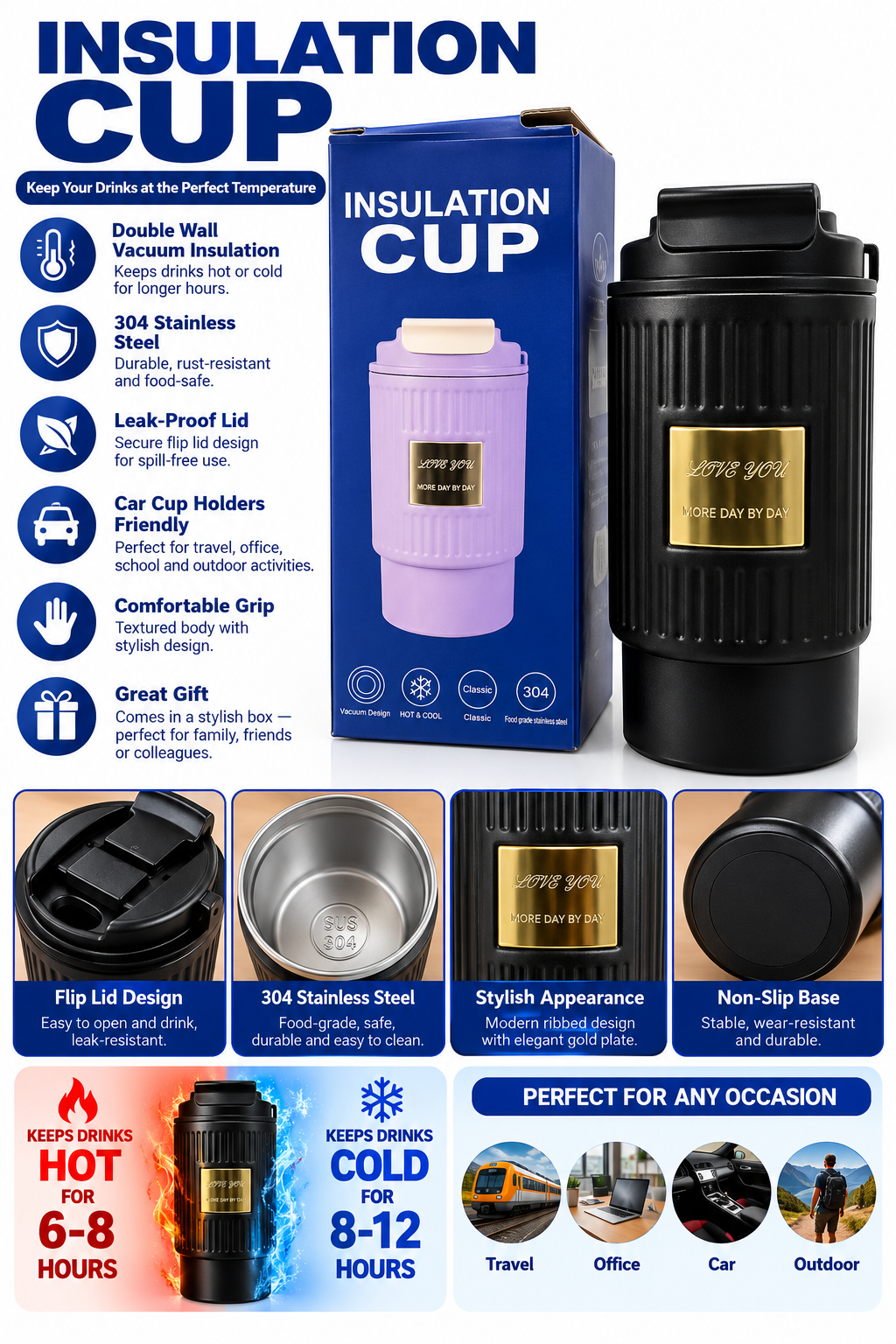 Black vacuum insulated travel cup with packaging