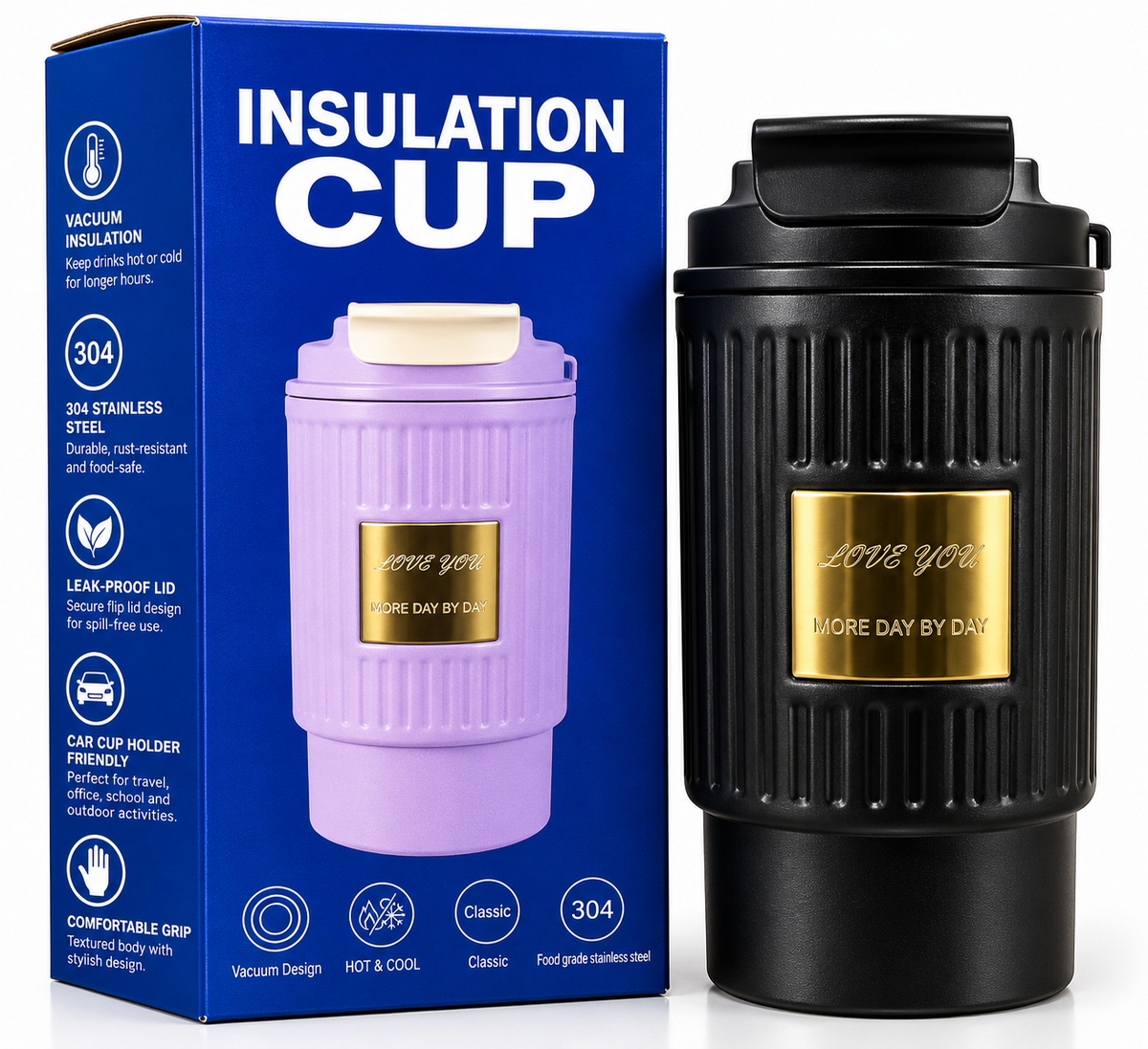 Black insulated travel cup product features
