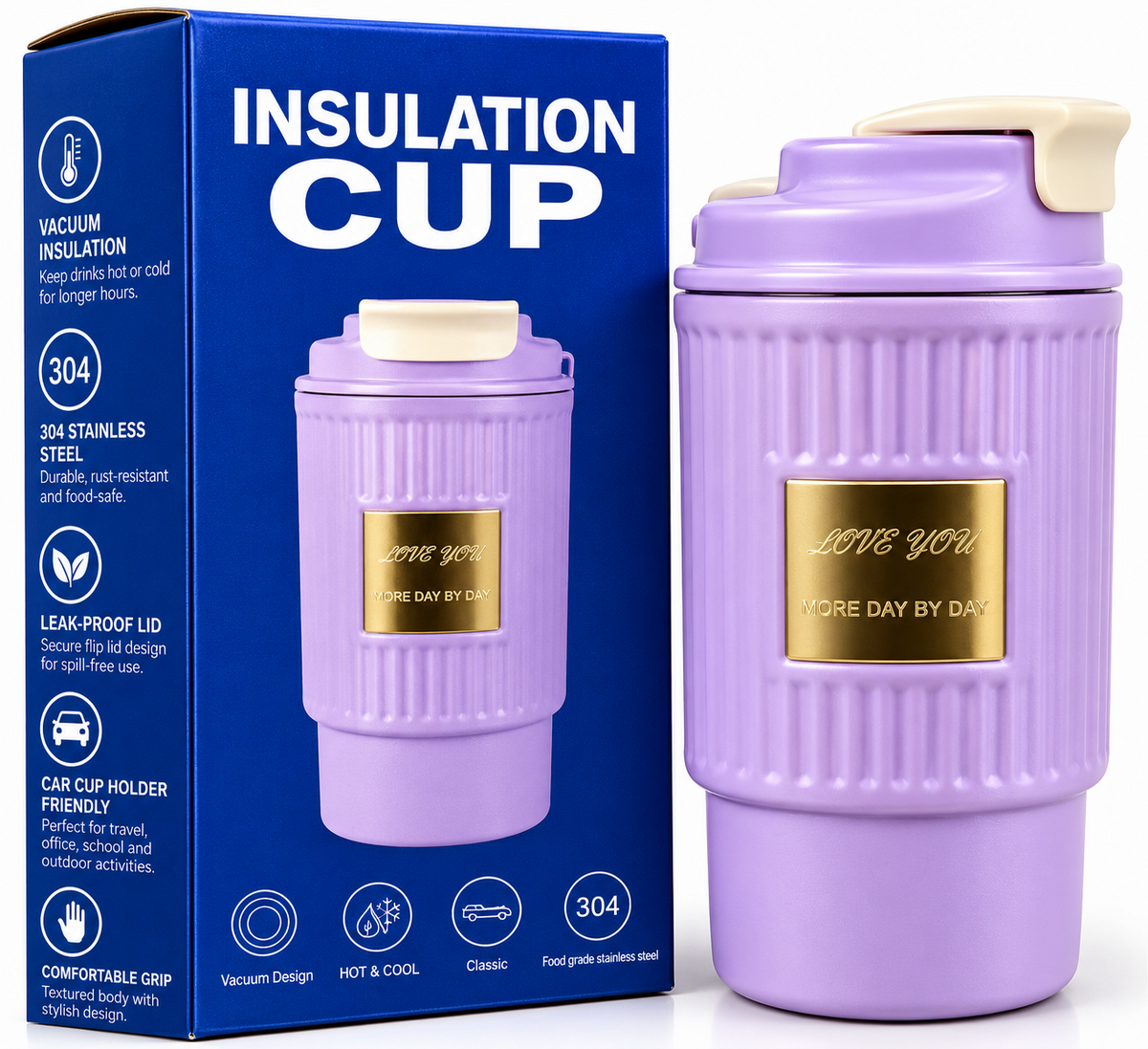 Lilac purple vacuum insulated cup with gold detail and blue box