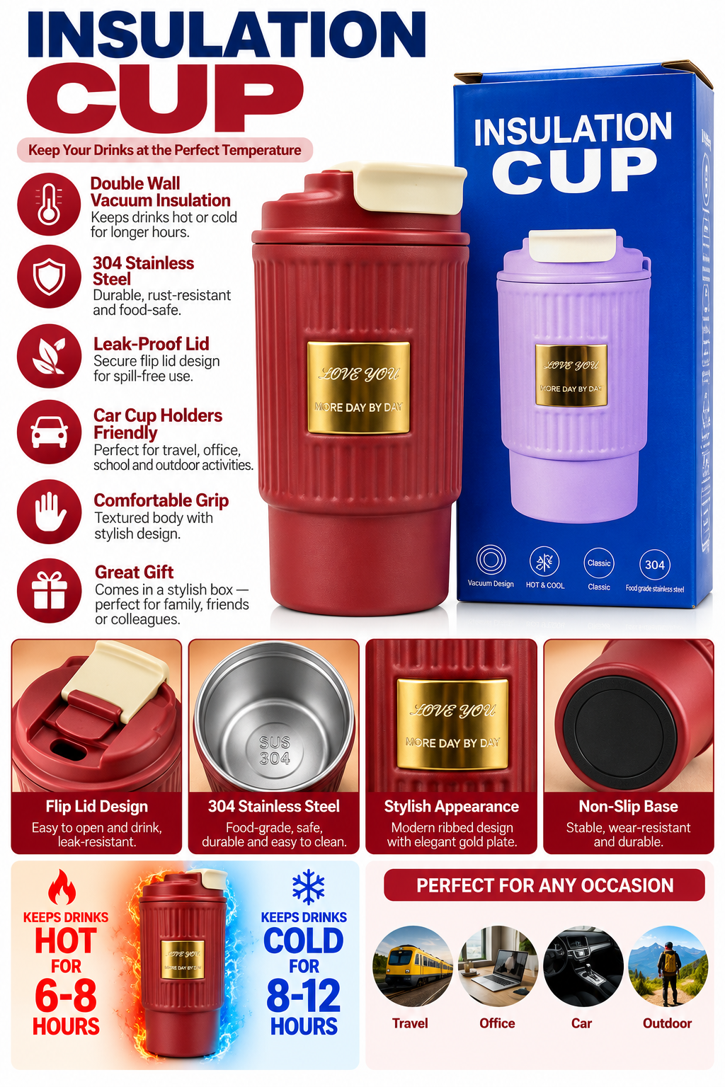 Red insulated travel cup and packaging
