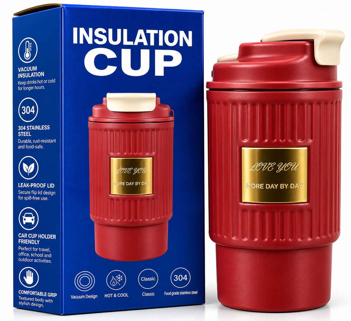 Red insulated cup product features