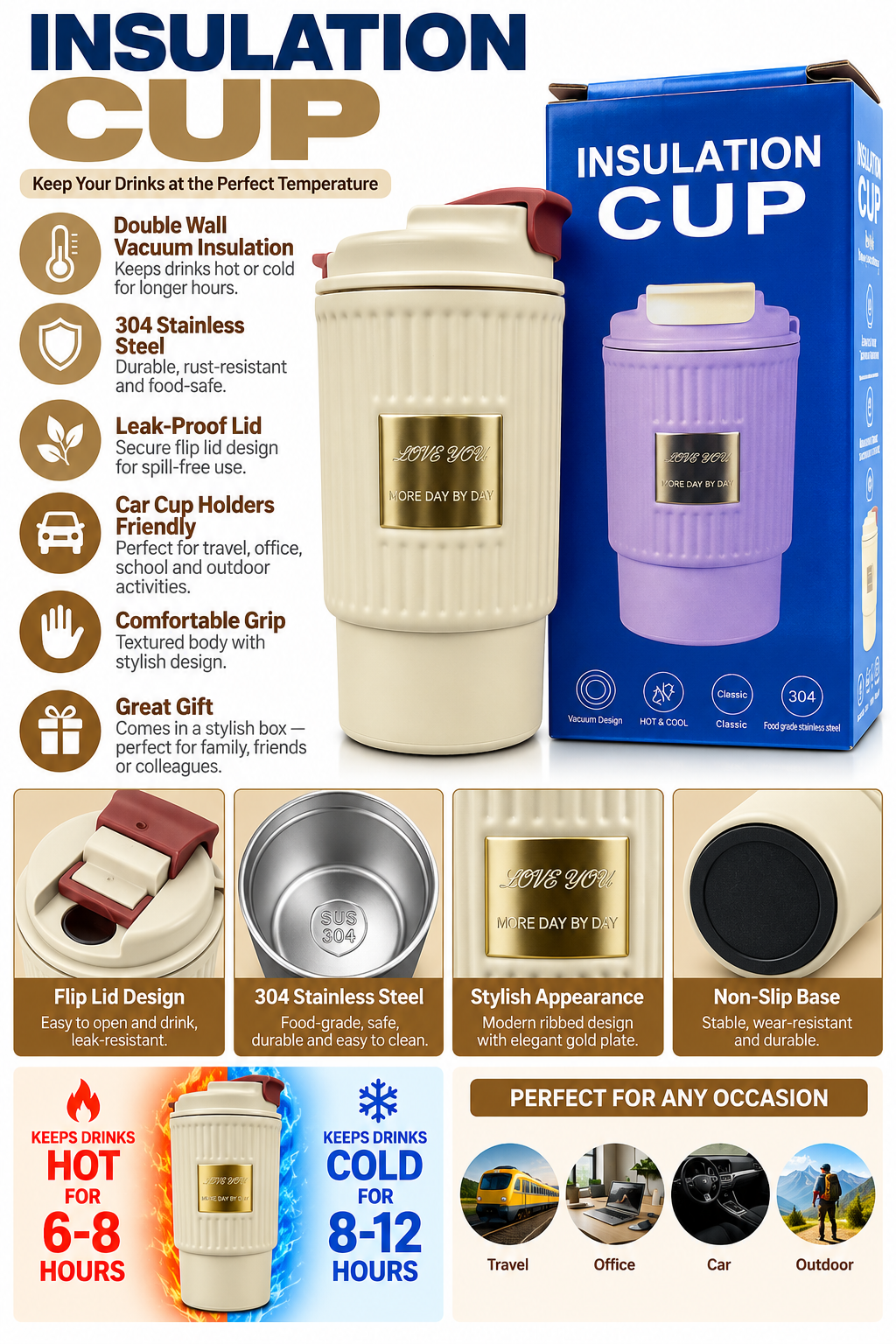 Cream insulated travel cup features infographic