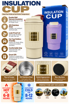 Cream insulated travel cup features infographic