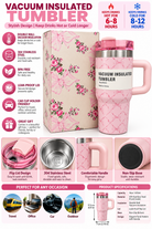Pink bow patterned insulated tumbler with floral gift box