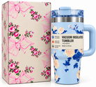 Blue floral insulated tumbler features and specifications