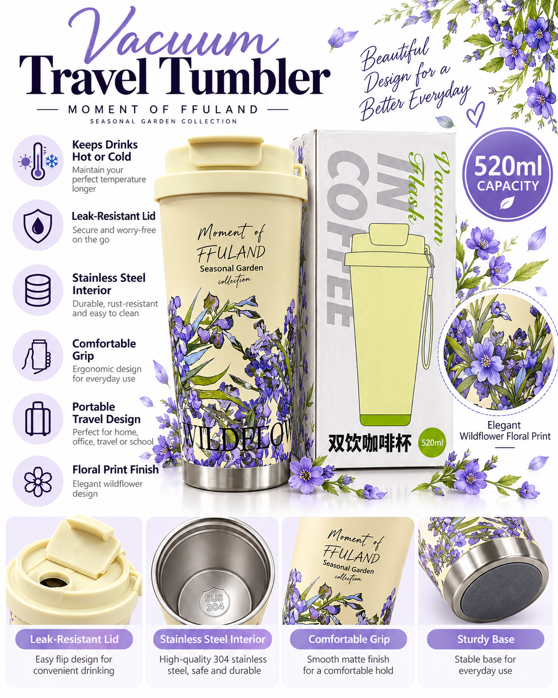 Cream wildflower 520ml vacuum travel tumbler features and details