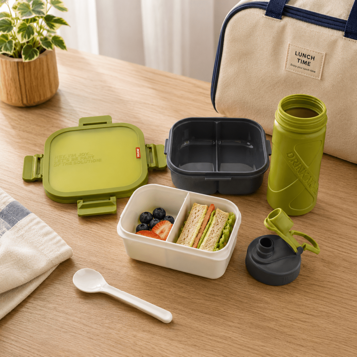 2PC 3 Compartment Square Bento Lunchbox Set - 1100ml Lunchbox + 550ml Bottle - Home Phase