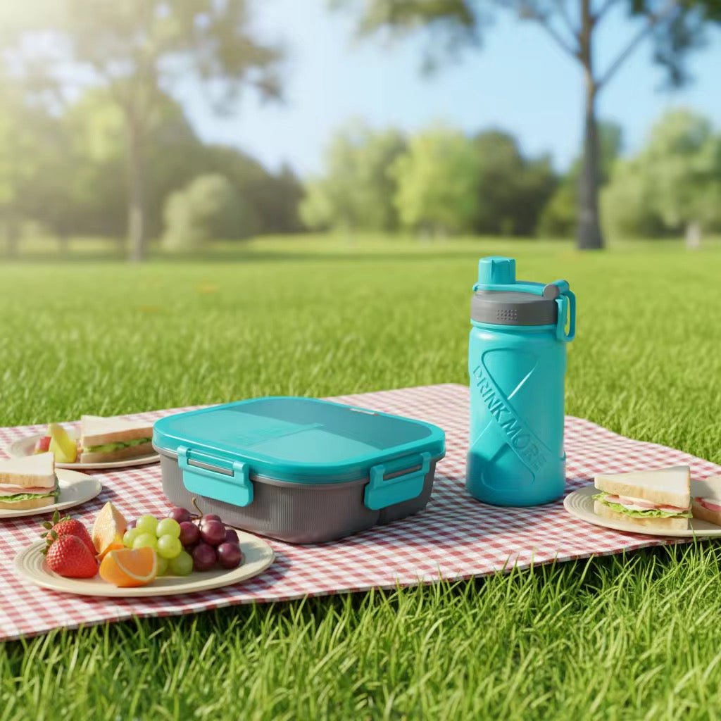 2PC 3 Compartment Square Bento Lunchbox Set - 1100ml Lunchbox + 550ml Bottle - Home Phase