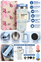 Cream and blue bow print insulated tumbler with floral gift box