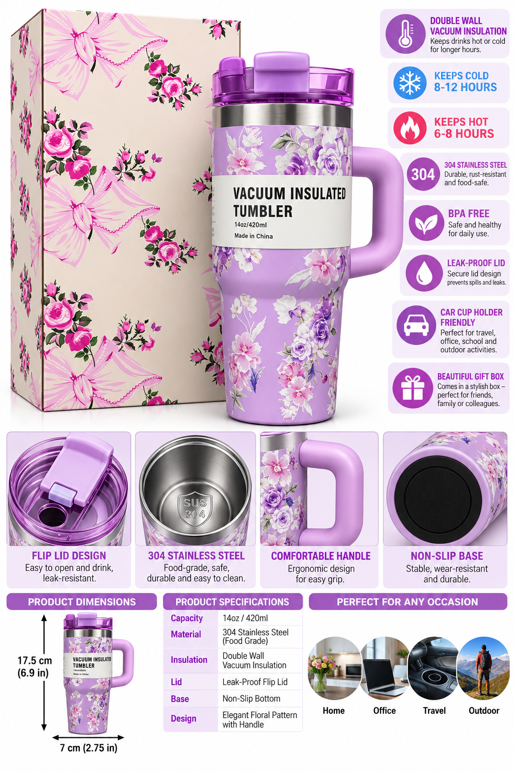 Purple floral vacuum insulated tumbler with gift box
