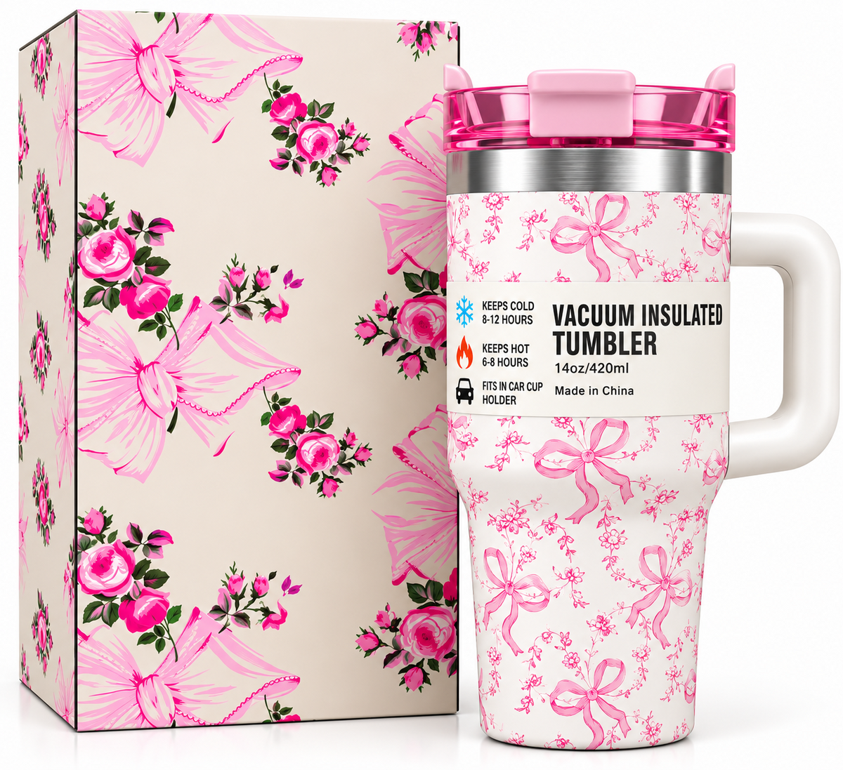 White and pink bow tumbler features and specifications