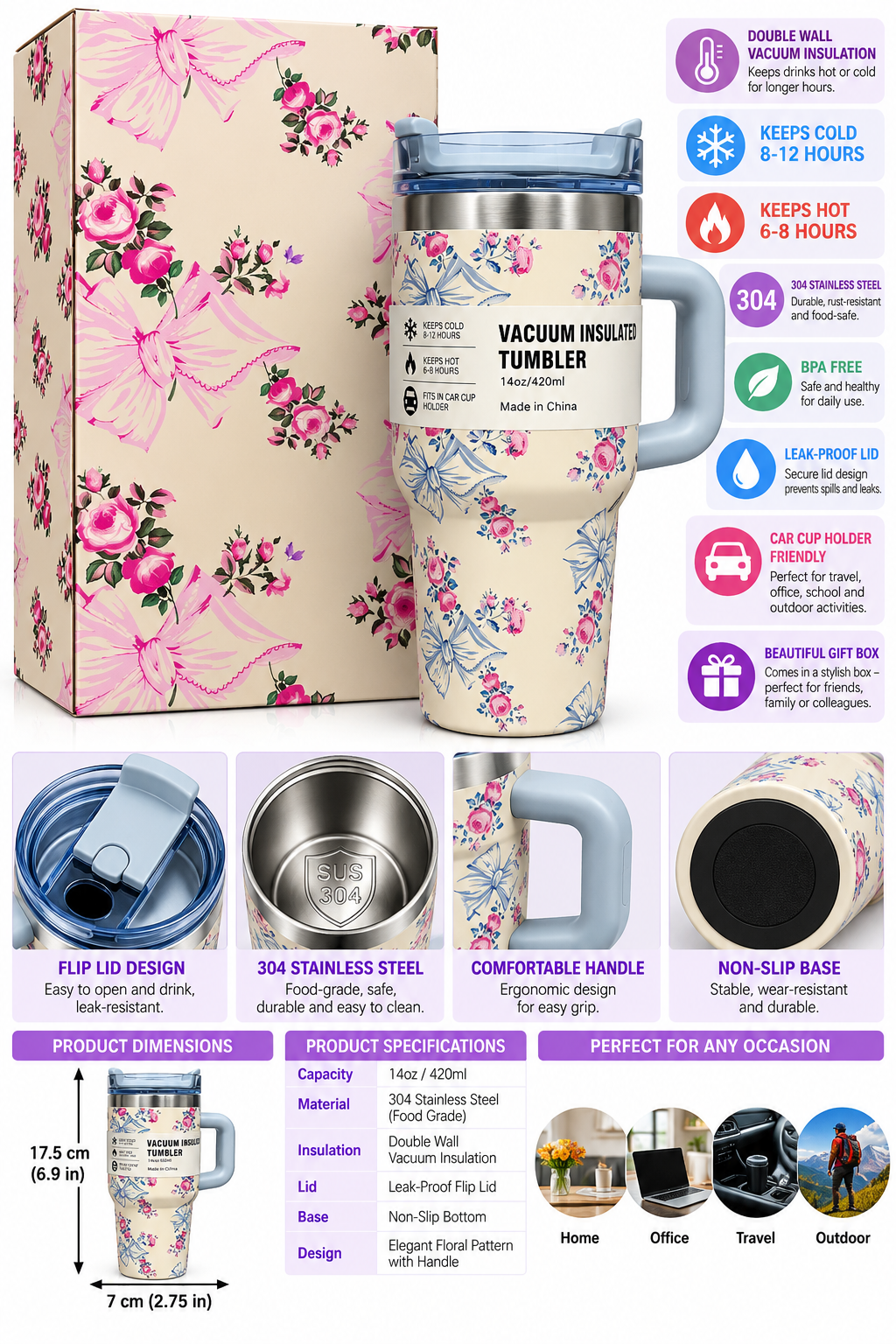 Cream floral bow tumbler with blue handle and gift box