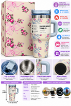 Cream floral bow tumbler with blue handle and gift box