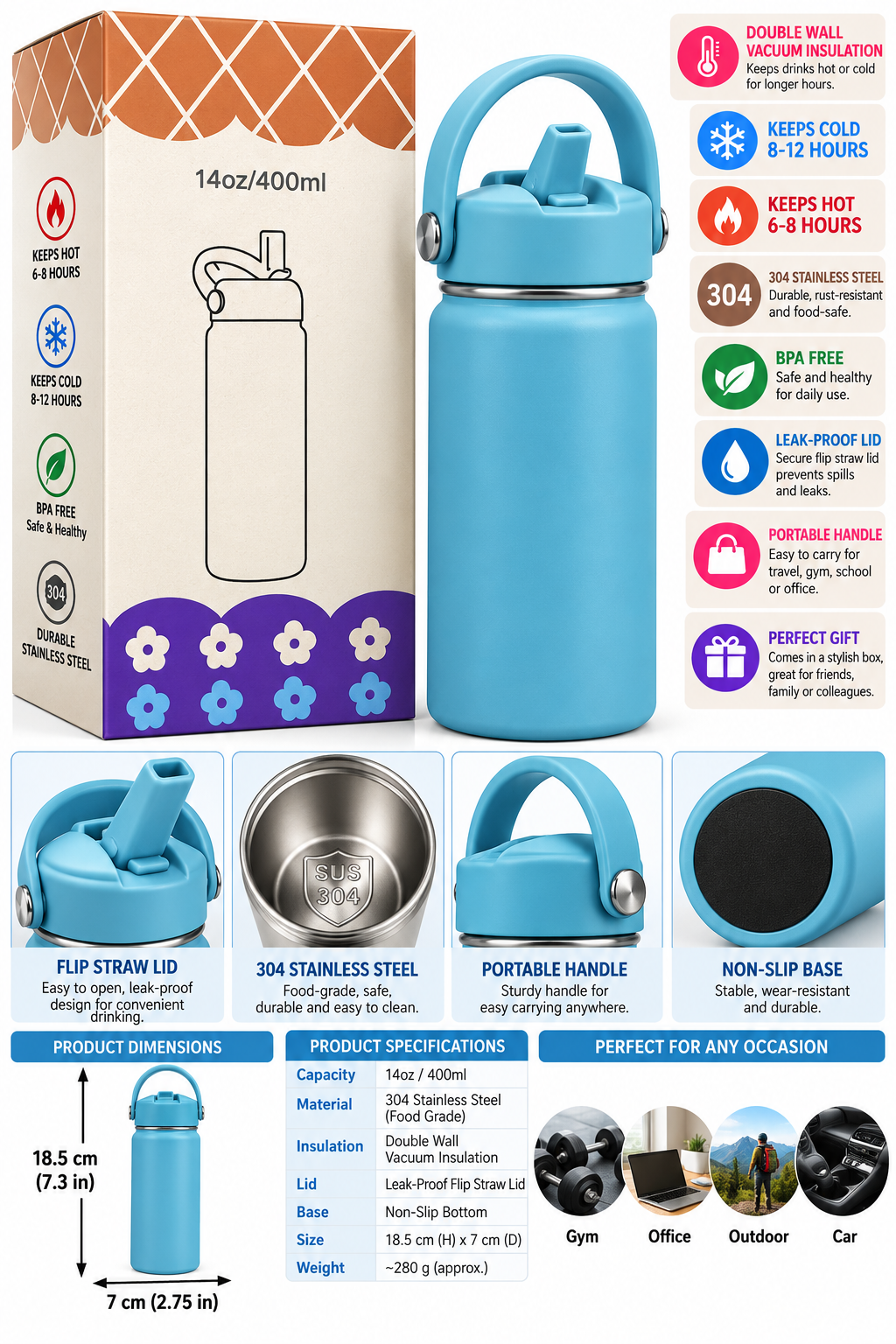 Blue 400ml insulated bottle with gift box