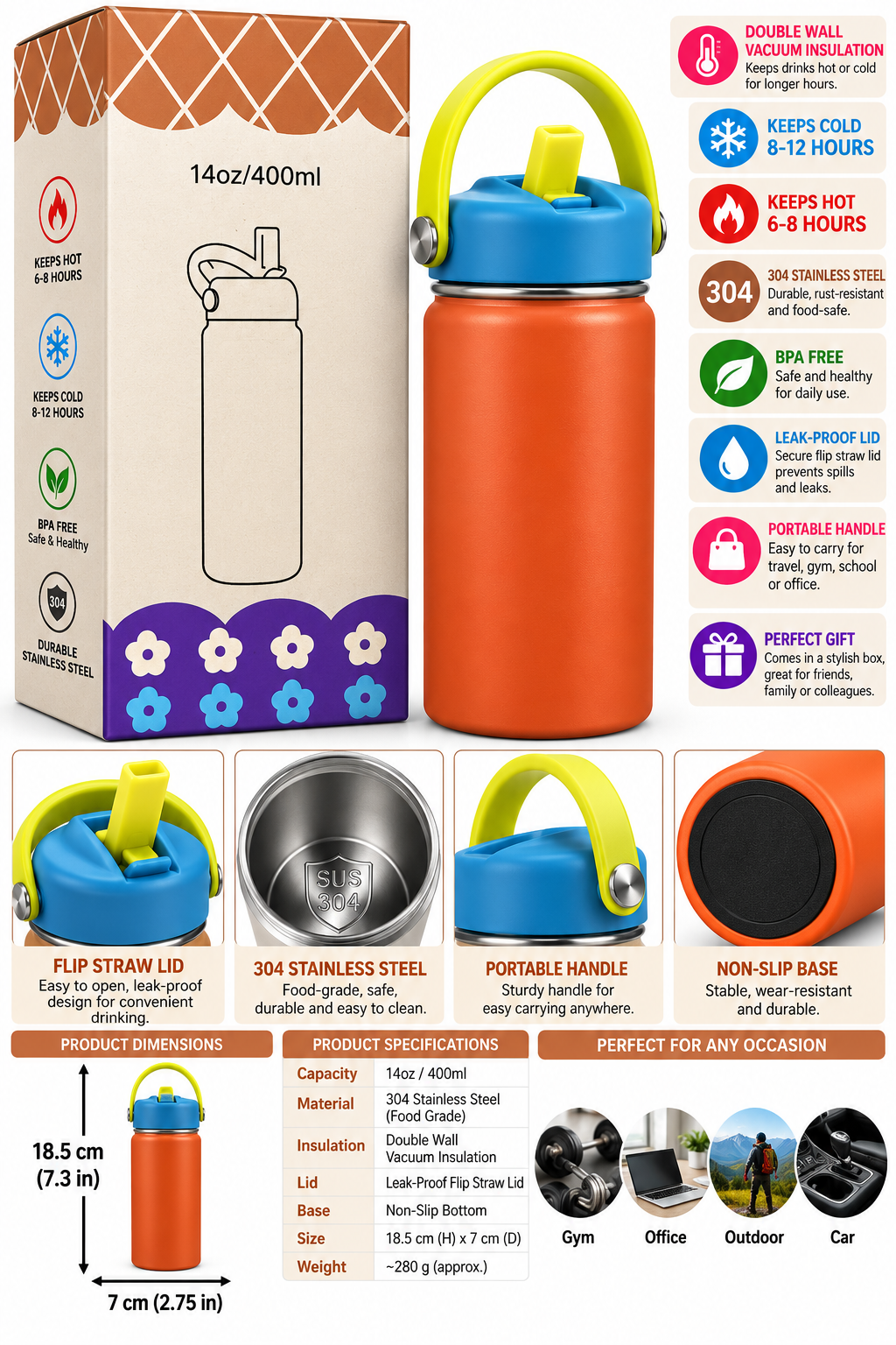 Orange insulated water bottle with gift box