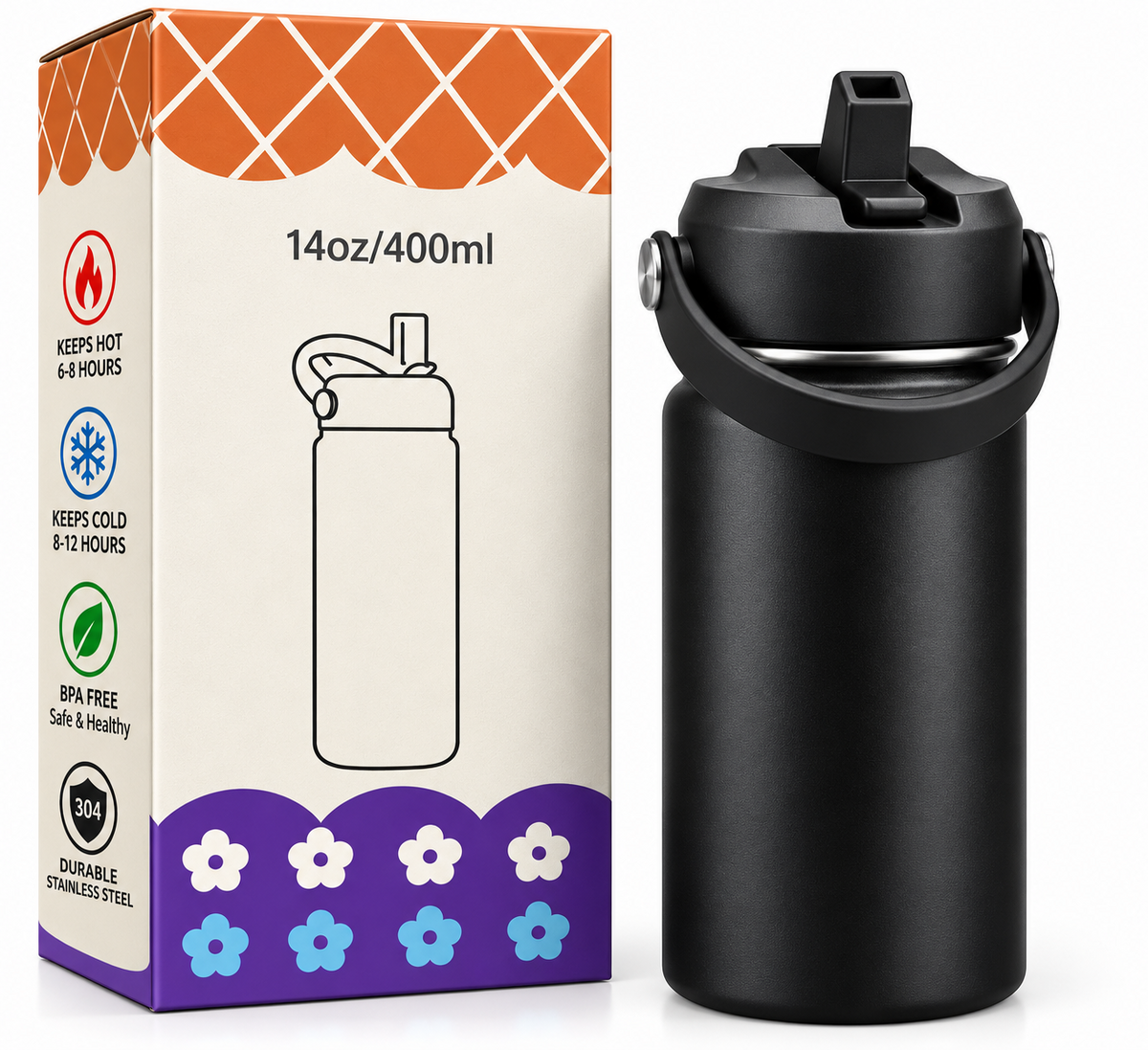 Black 400ml insulated bottle product features and dimensions