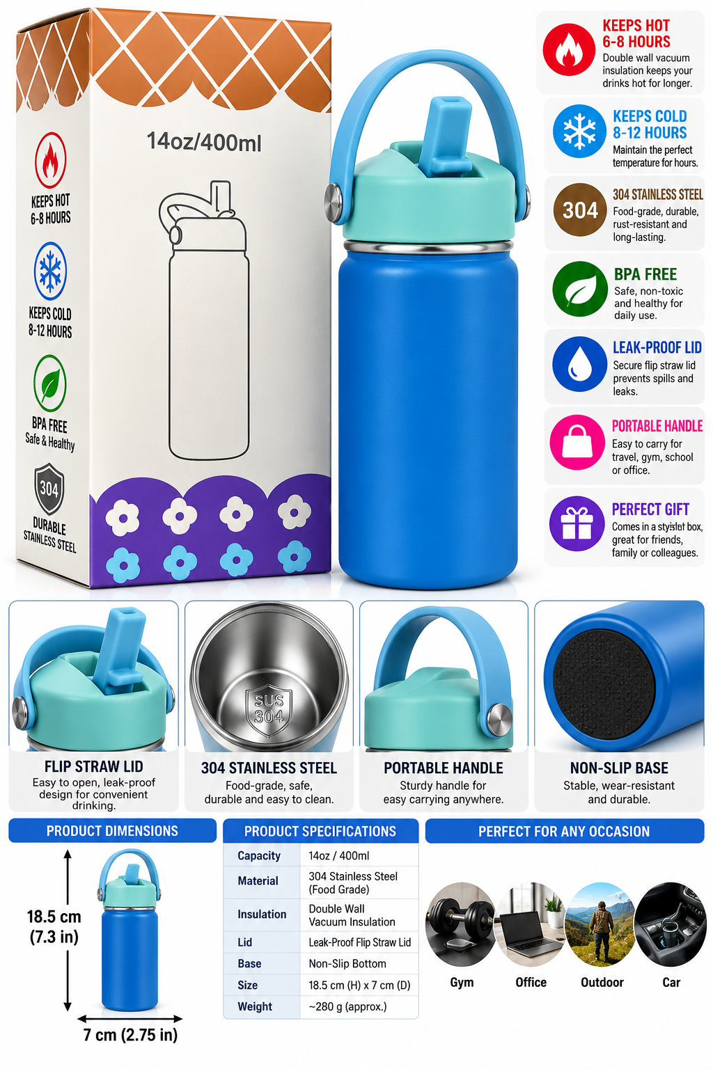 Blue insulated bottle with turquoise lid and gift box