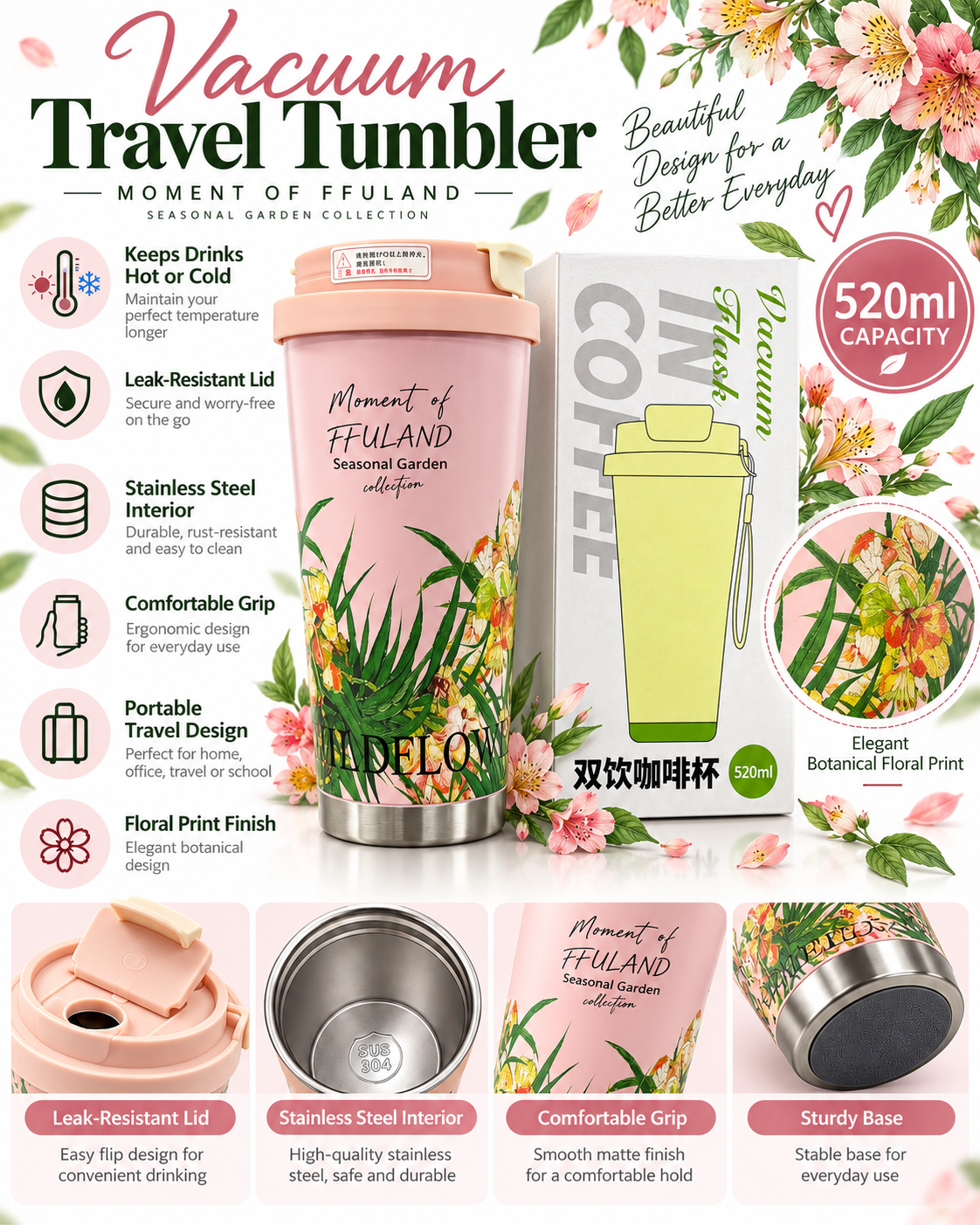 Pink botanical floral 520ml vacuum travel tumbler features and details