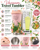 Pink botanical floral 520ml vacuum travel tumbler features and details
