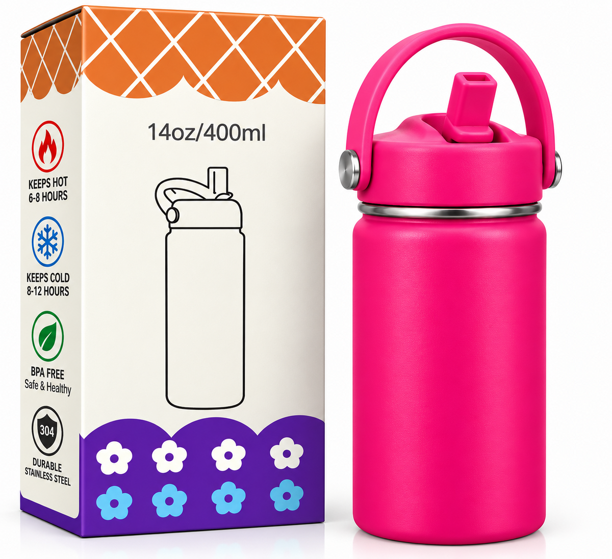 Hot pink insulated bottle features and specifications