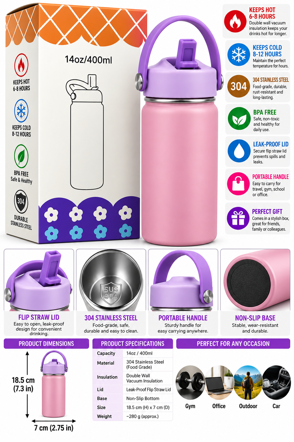 Pink and purple insulated bottle features and dimensions