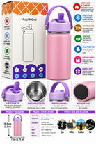 Pink and purple insulated bottle features and dimensions