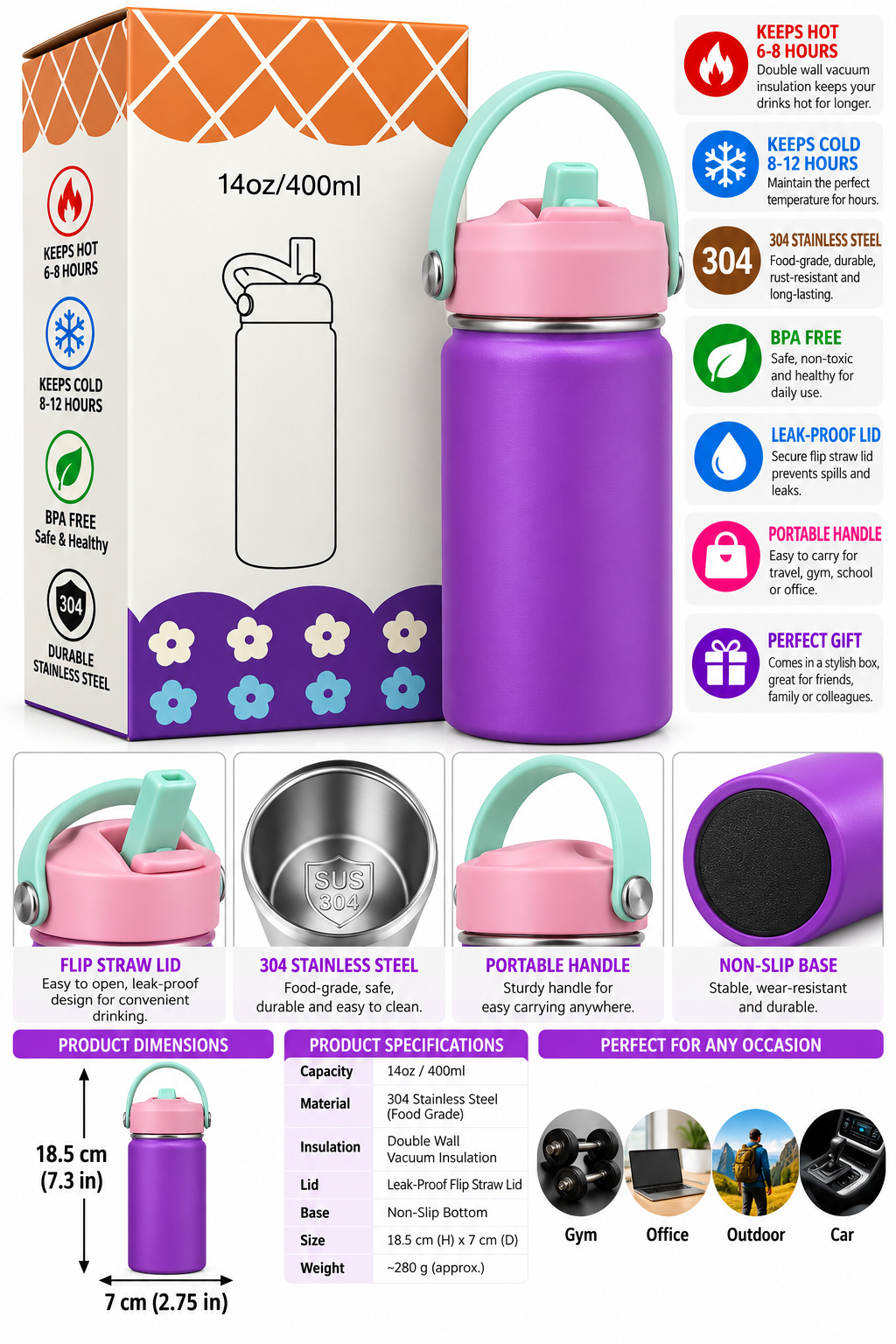 400ml bottle features and dimensions
