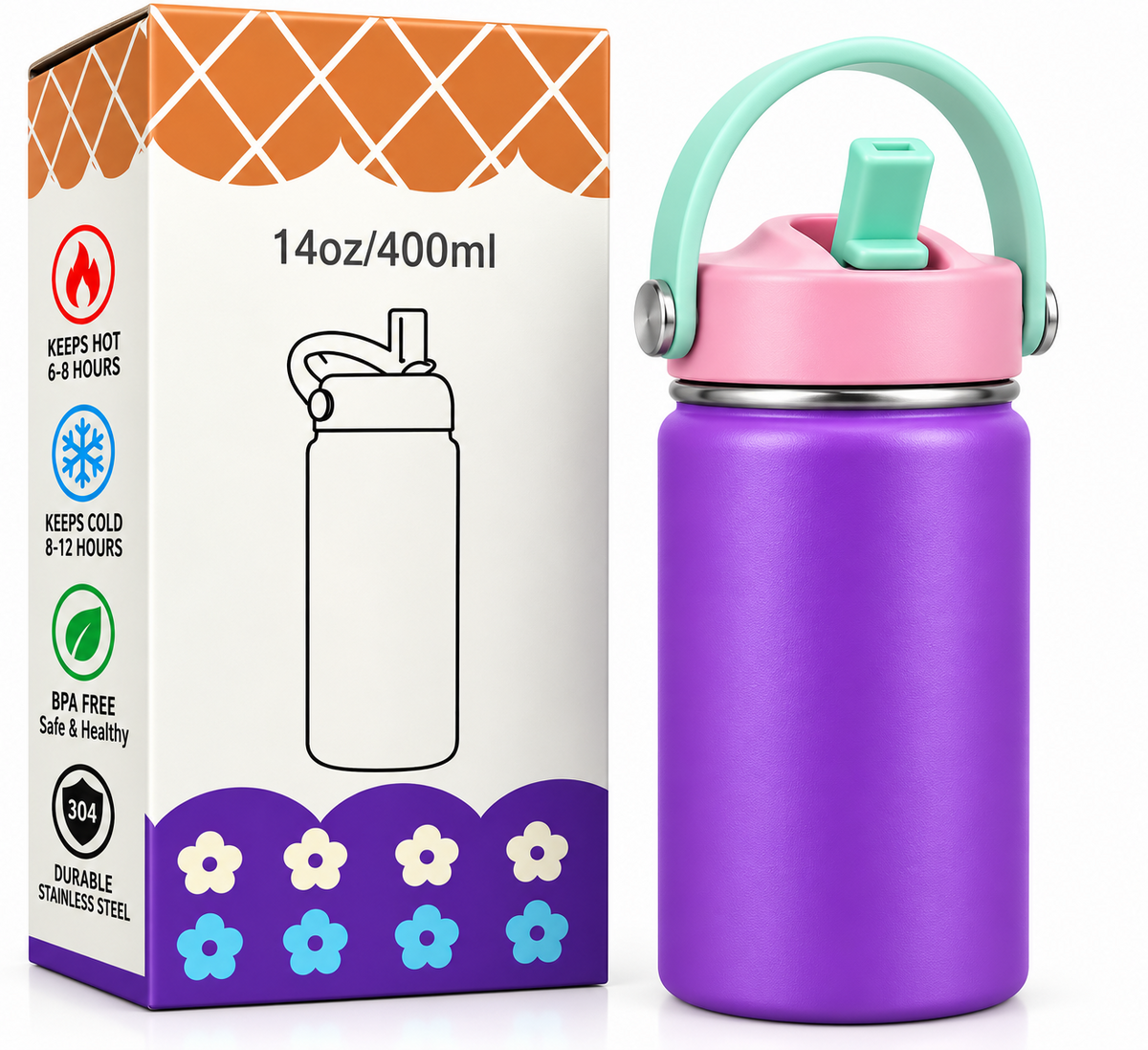 Purple insulated 400ml water bottle with box
