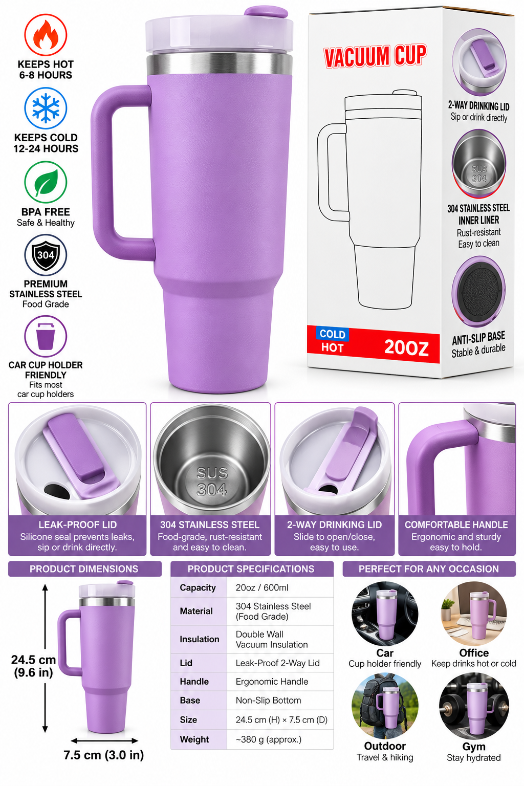 Purple vacuum tumbler feature guide and dimensions
