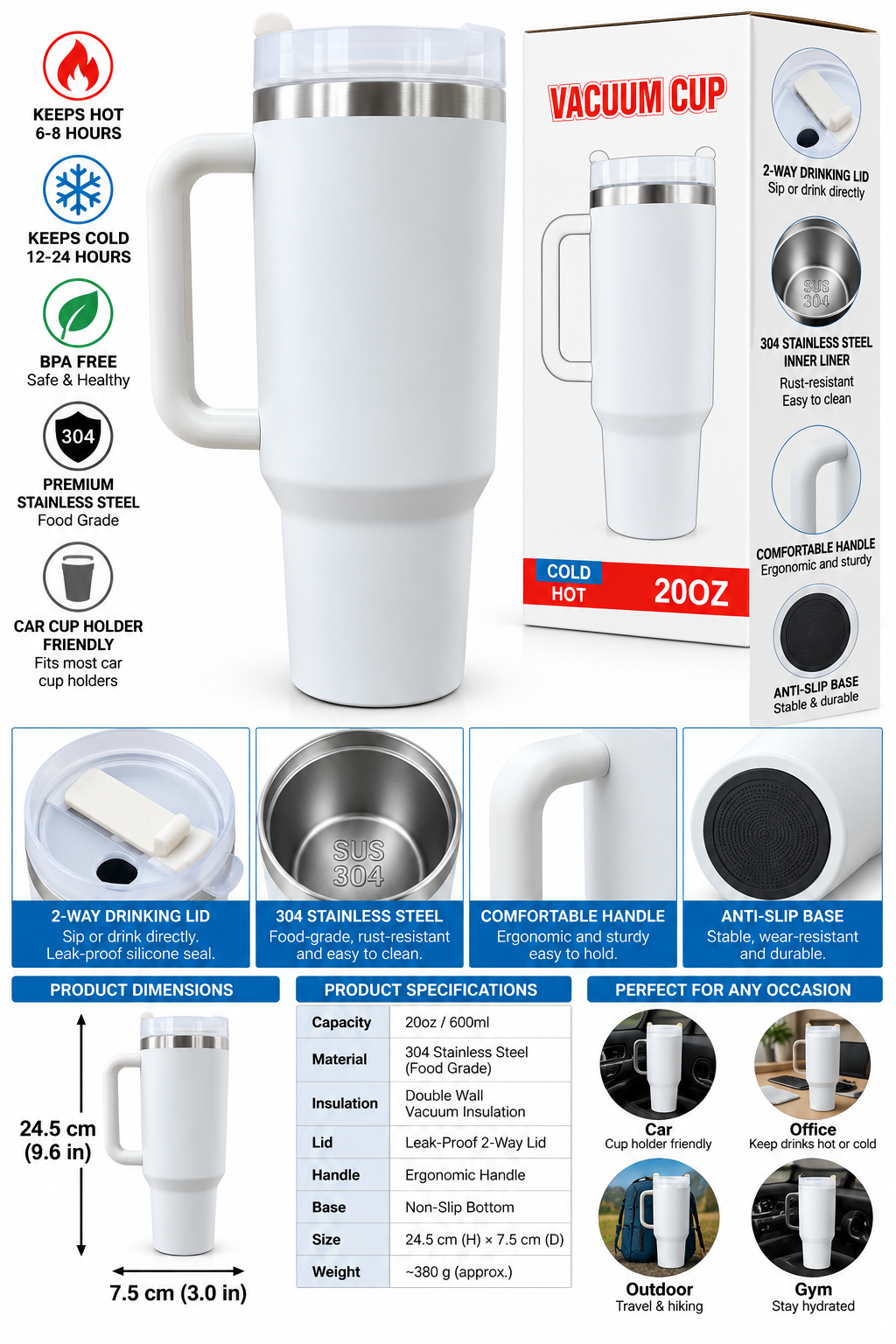 White vacuum tumbler features and specifications