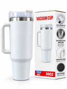 White vacuum tumbler with handle and retail packaging