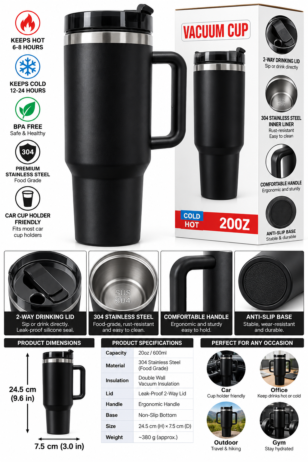 Black vacuum tumbler features and specifications