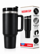 Black vacuum tumbler with handle and retail packaging