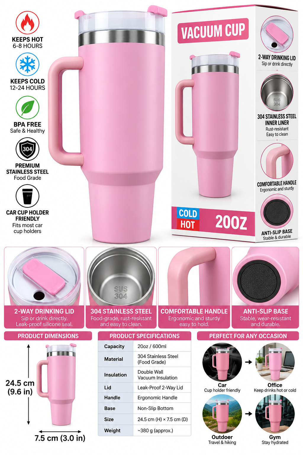 Light pink vacuum tumbler with handle on white background