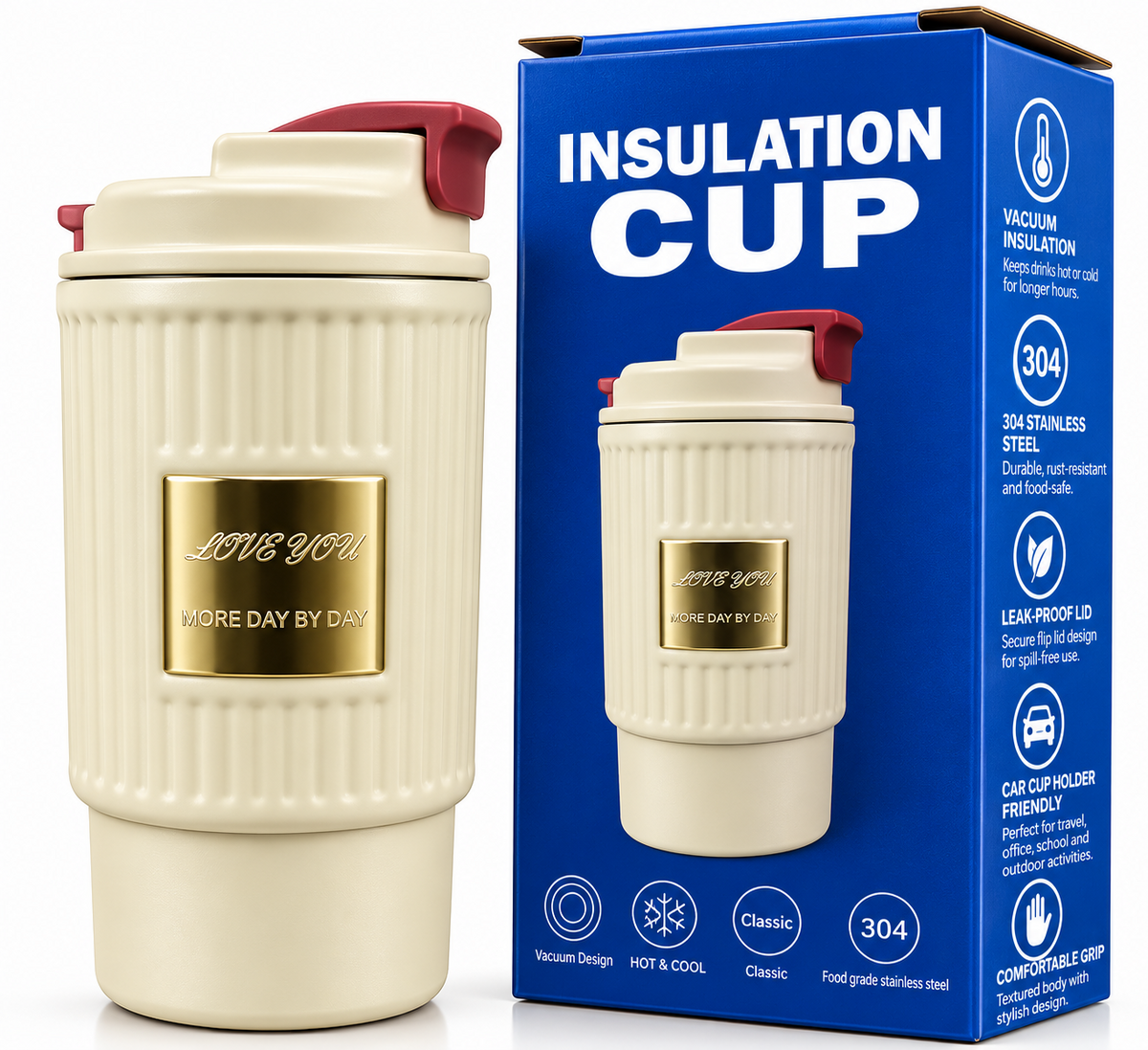 Cream insulated travel cup with red flip lid and box