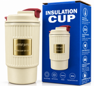 Cream insulated travel cup with red flip lid and box