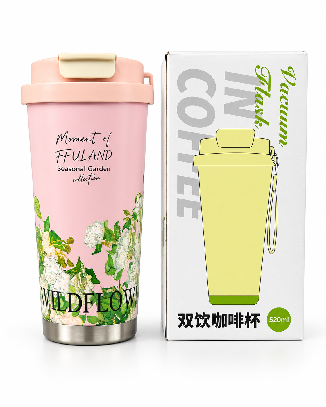 Pink white floral 520ml vacuum travel tumbler with box