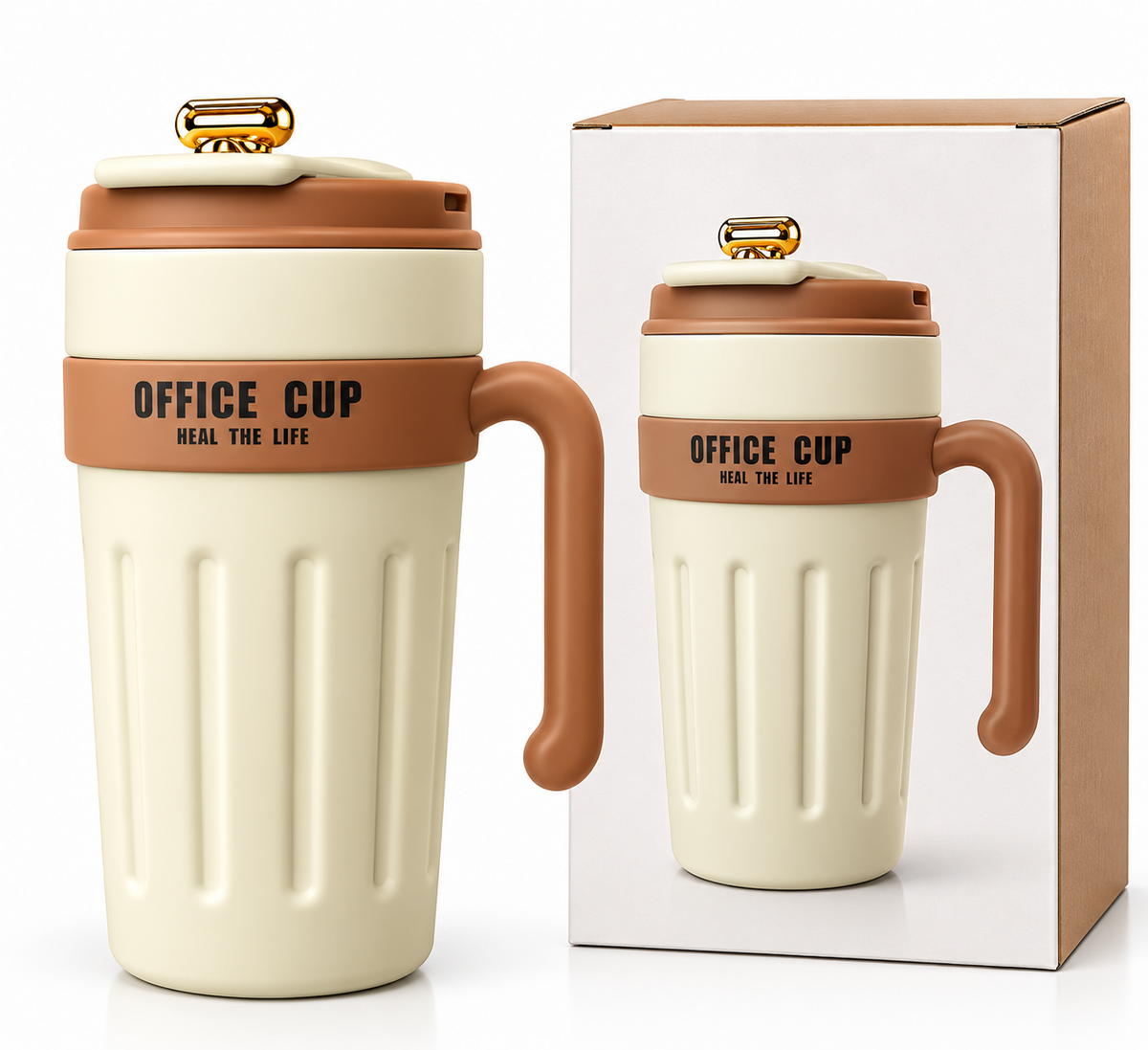 Cream and brown Office Cup tumbler with box