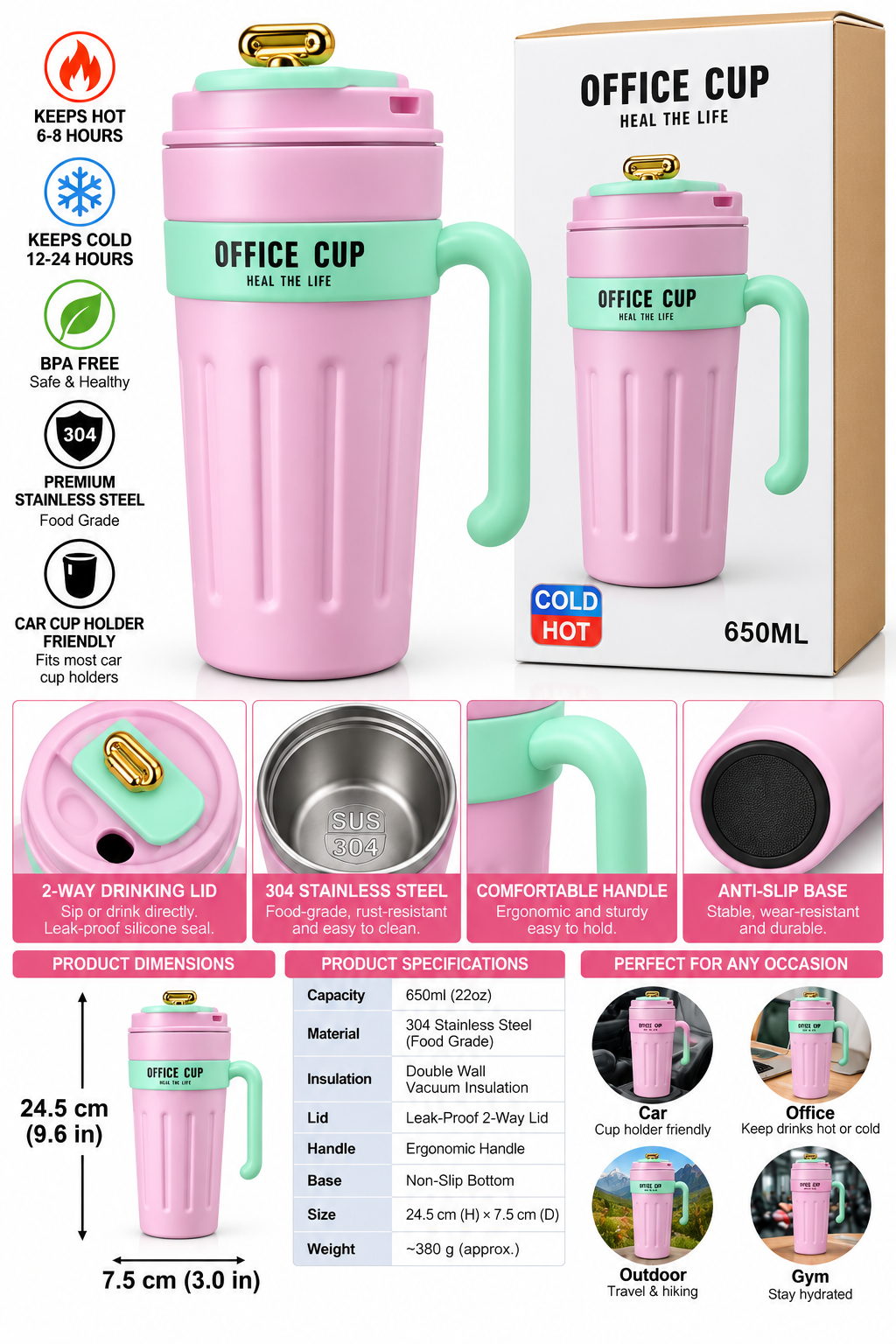 Pink and mint Office Cup features and specifications