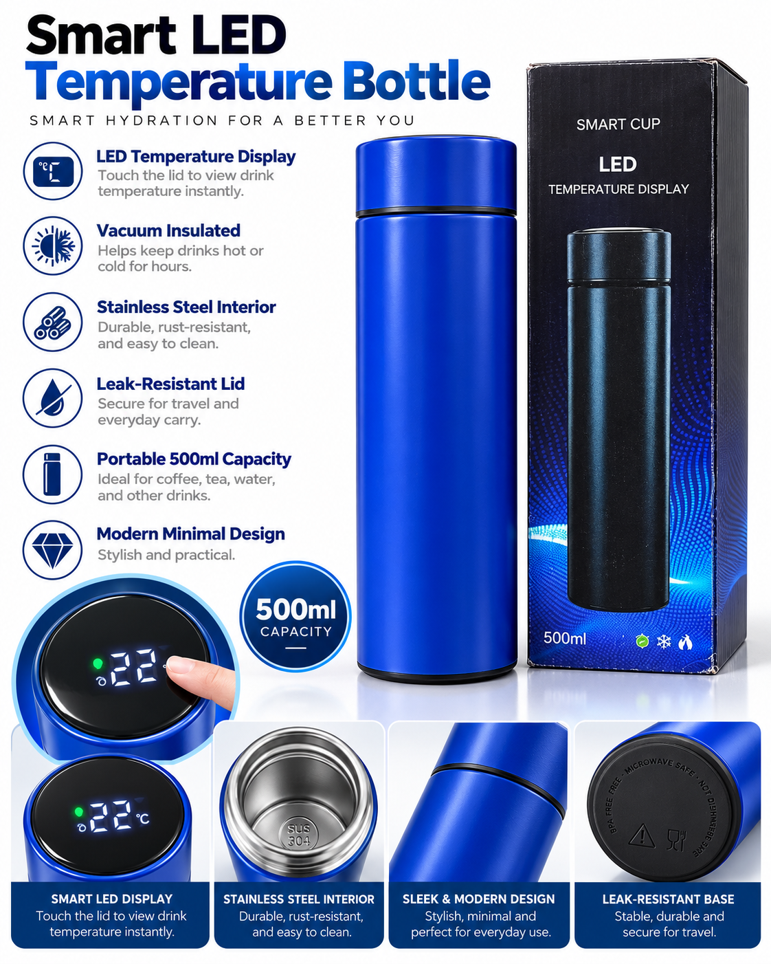 Blue 500ml smart LED temperature bottle features and details