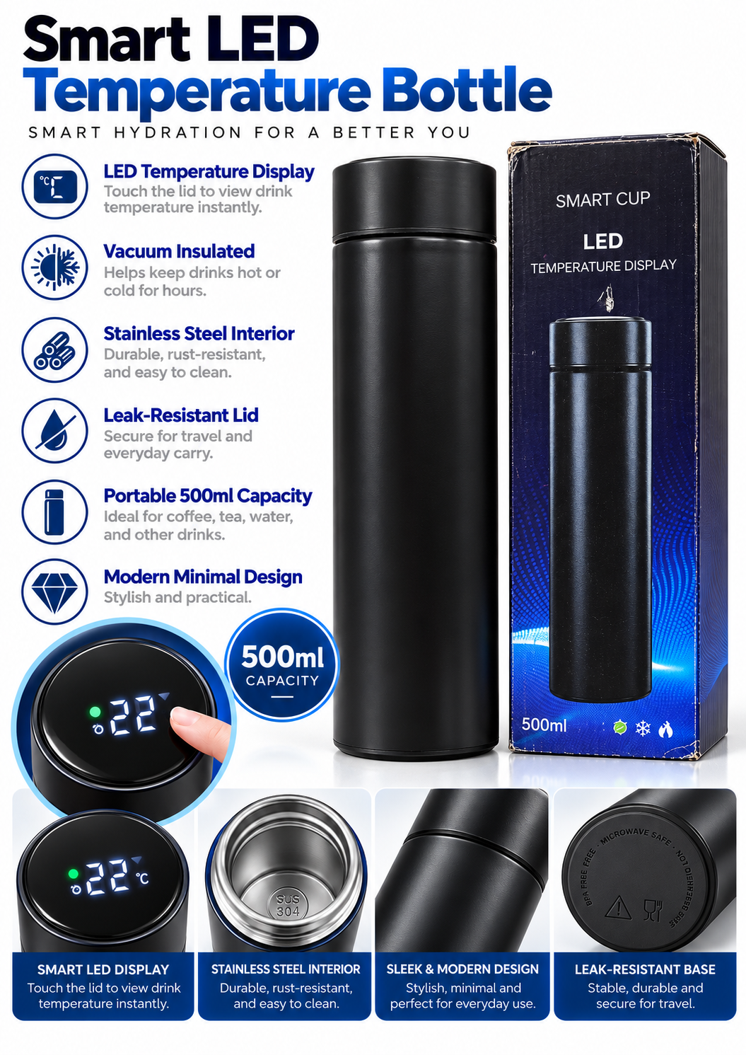 Black 500ml smart LED temperature bottle features and details