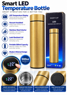 Gold 500ml smart LED temperature bottle features and details