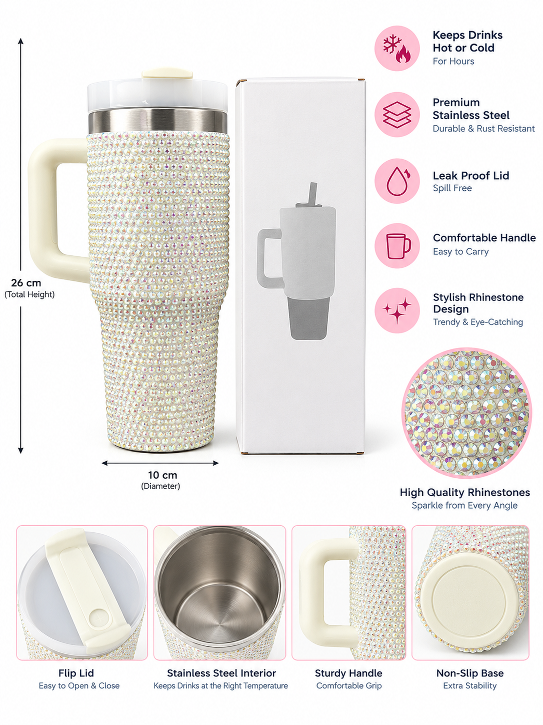 White rhinestone stainless steel tumbler features and dimensions