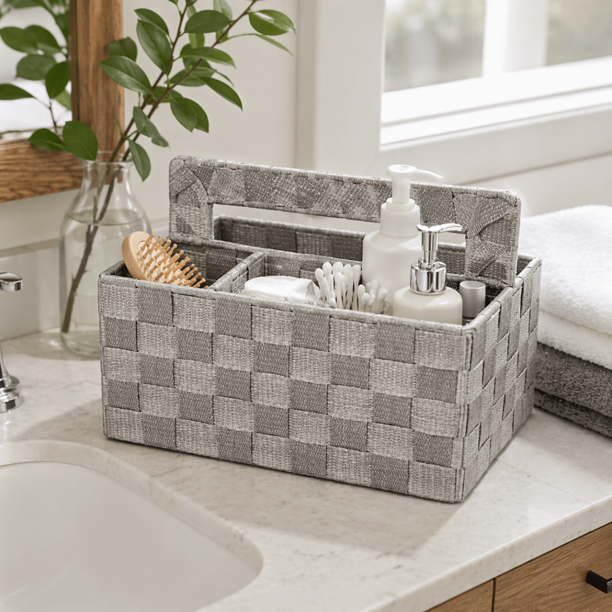 4 Compartment Woven Organizer With Handle - Home Phase