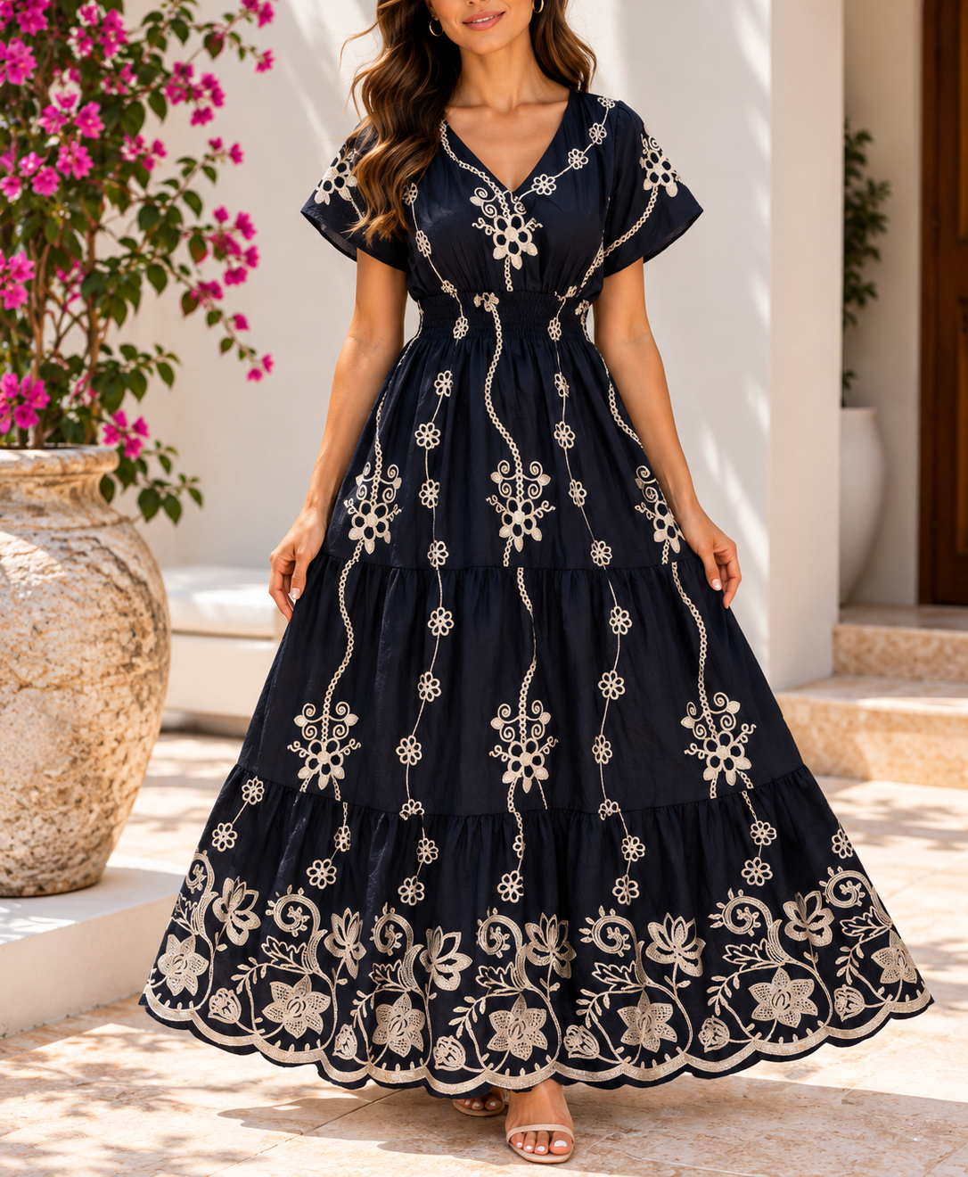 Front view navy floral maxi dress