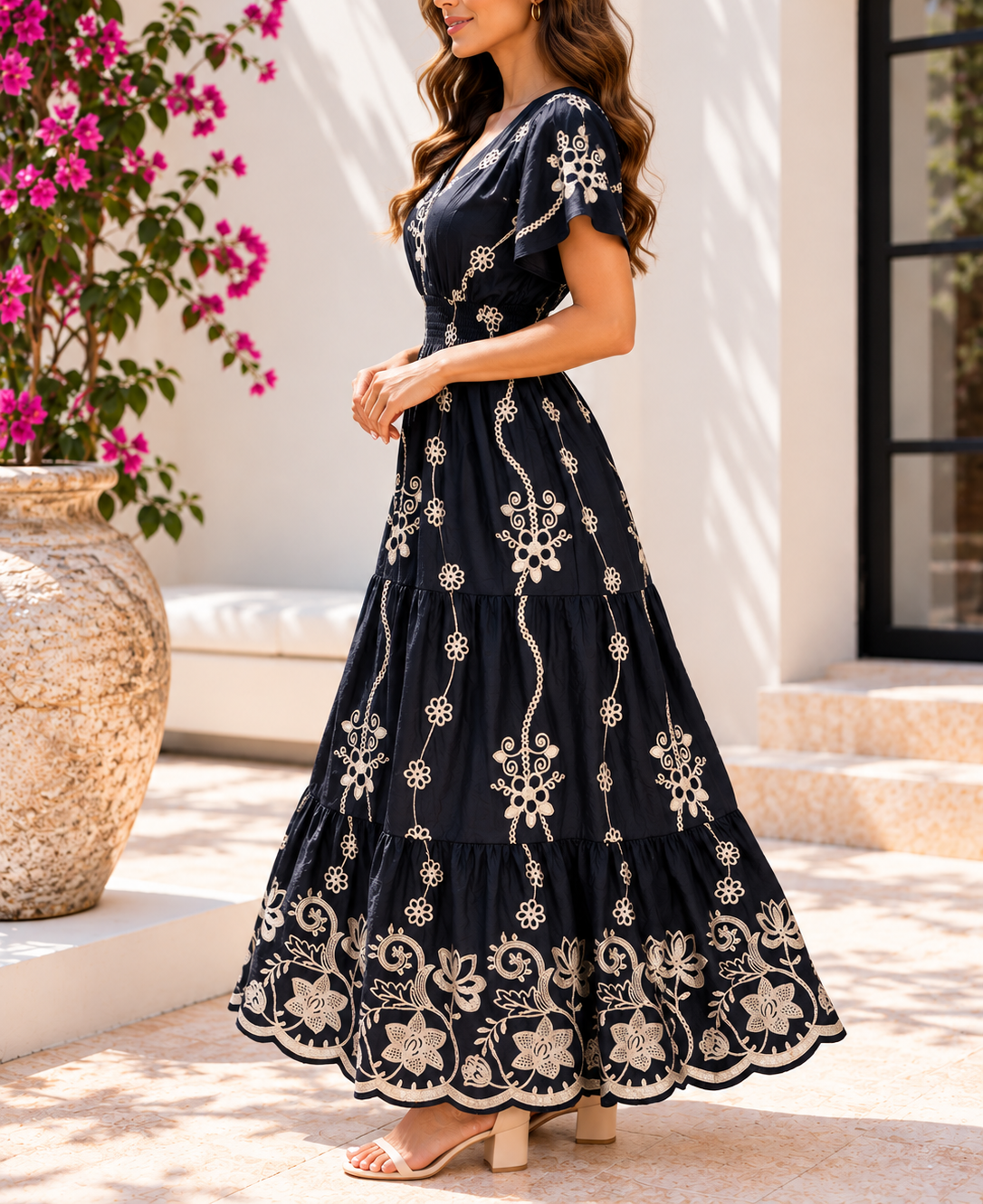 Side view navy floral maxi dress