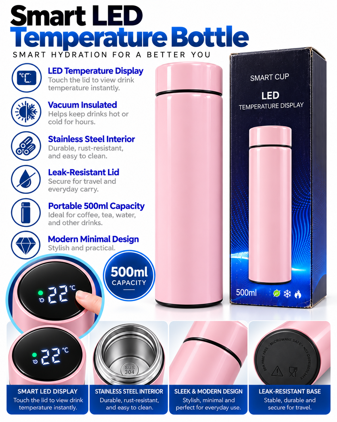 Pink 500ml smart LED temperature bottle features and details